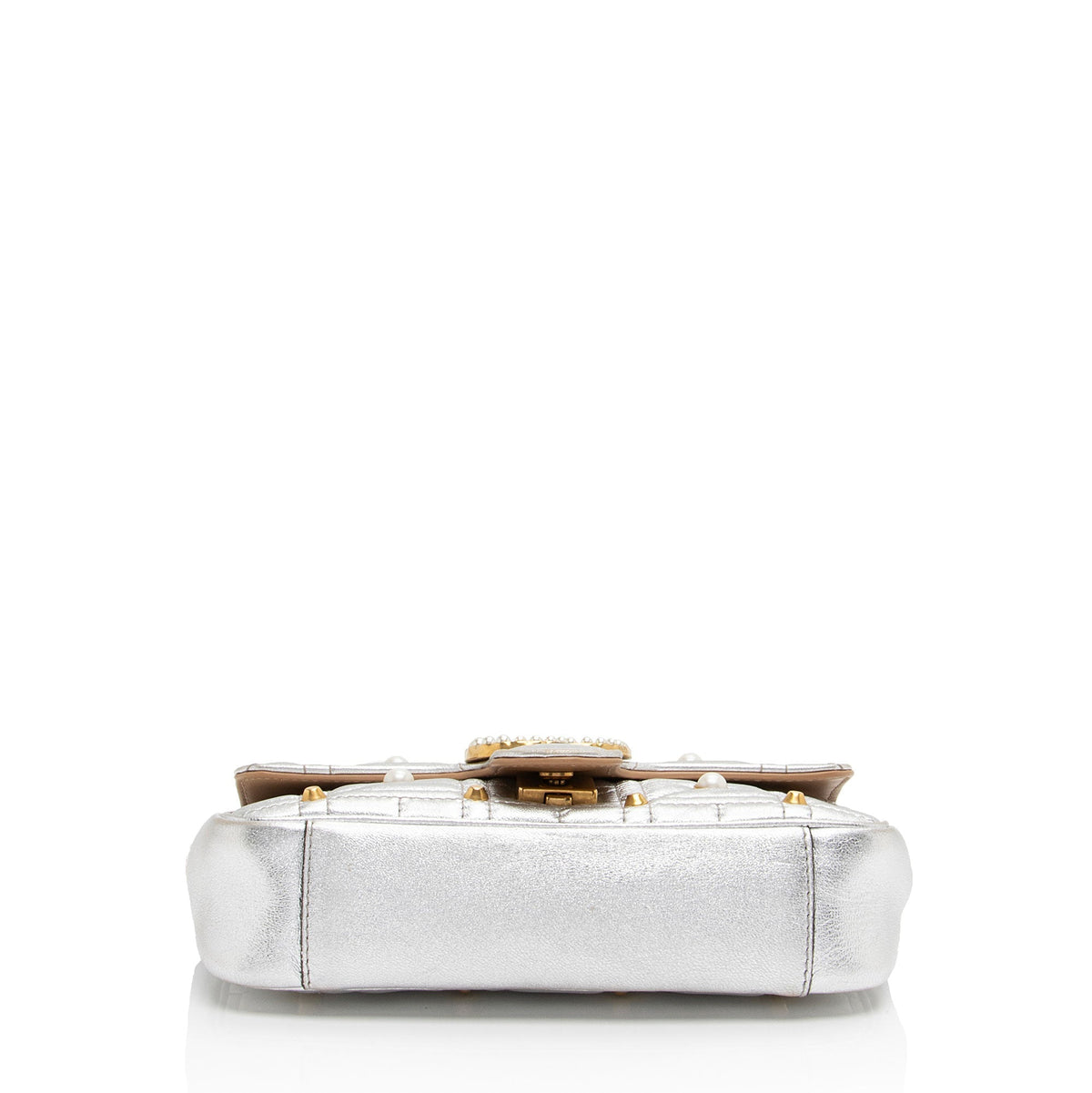 Gucci Metallic Matelasse Leather Pearl GG Marmont Mini Flap Bag (SHF-PMv358)