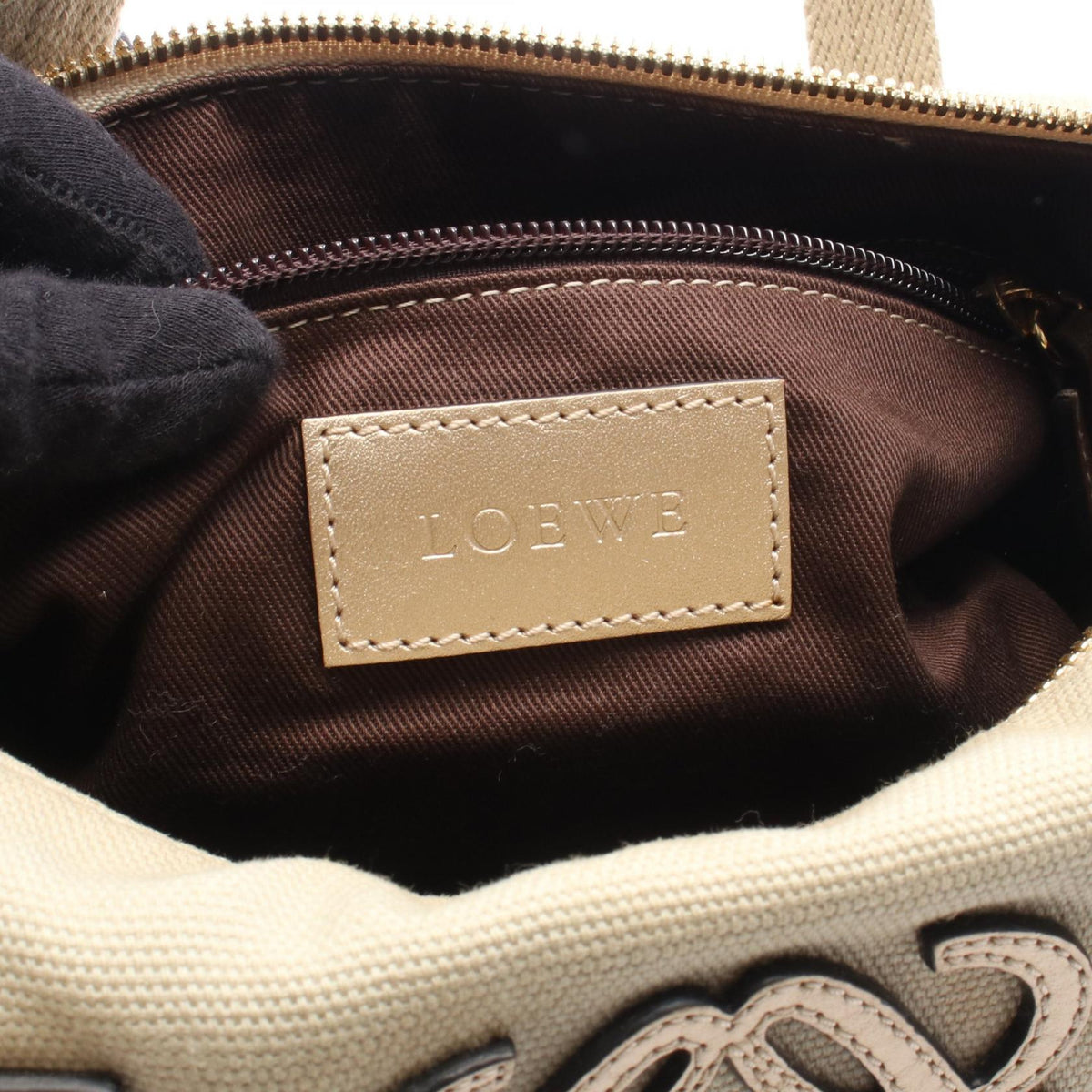 LOEWE anagram Handbag Beige/Gold canvas leather 2100301251854