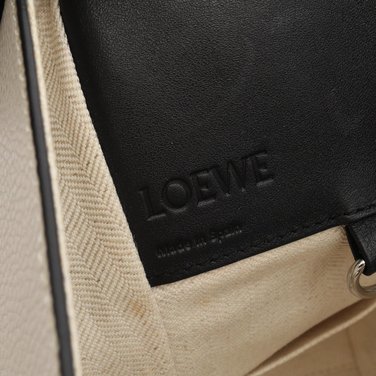 LOEWE HAMMOCK SMALL Fringe Border 2-Way Handbag White/Black/Brown leather canvas 2101220005139