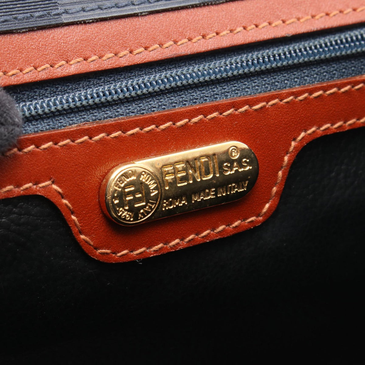 FENDI Pecan Shoulder Bag Navy/Brown PVC coated canvas leather 2101219929194