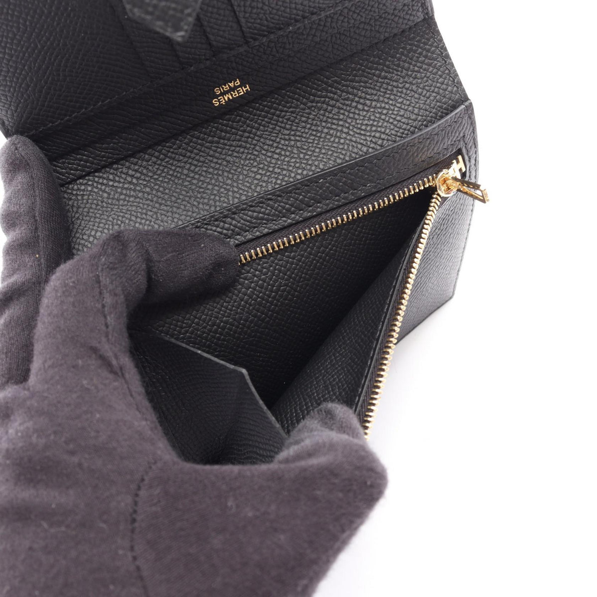 HERMES BEAN Compact Bi-fold wallet Black Epsom leather 2120900121594