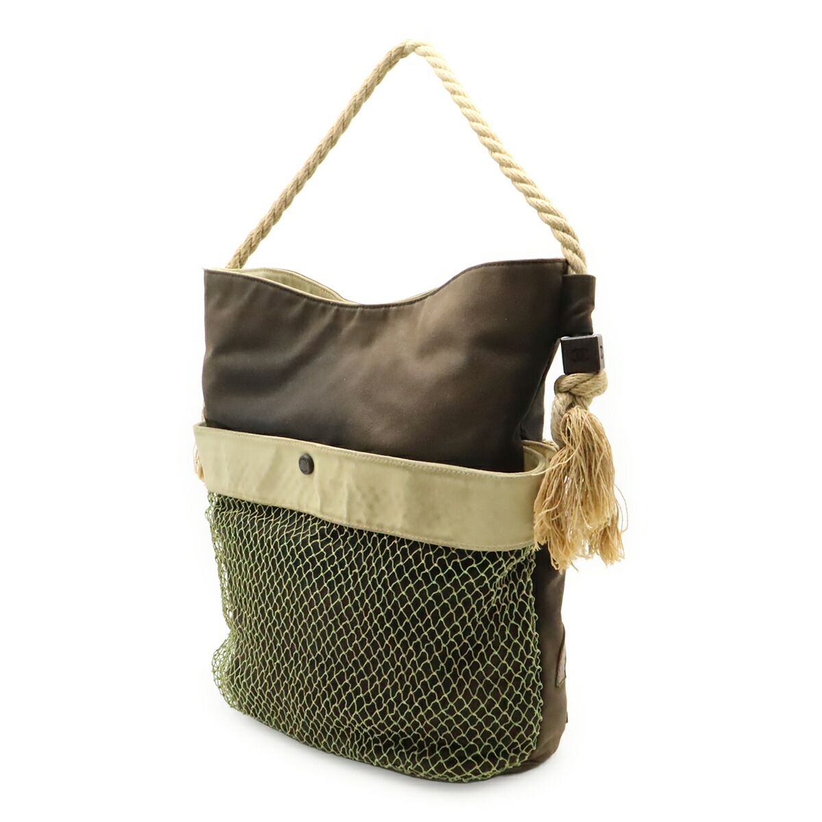 Chanel Fishnet Rope Camellia Tote Bag Canvas Leather Wood