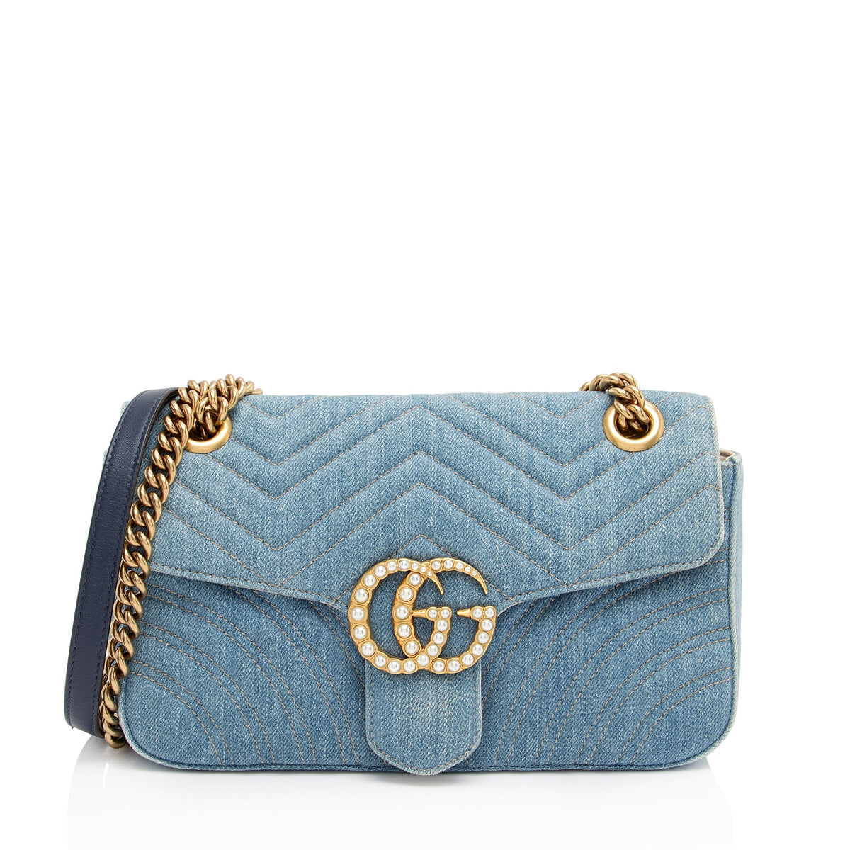 Gucci Denim Matelasse Pearl GG Marmont Small Flap Bag (SHF-JQgdk7)
