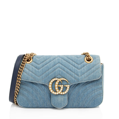 Gucci Denim Matelasse Pearl GG Marmont Small Flap Bag (SHF-JQgdk7)