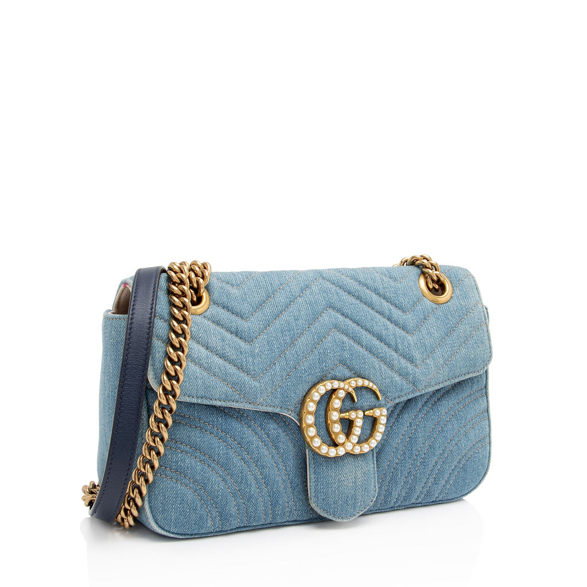 Gucci Denim Matelasse Pearl GG Marmont Small Flap Bag (SHF-JQgdk7)