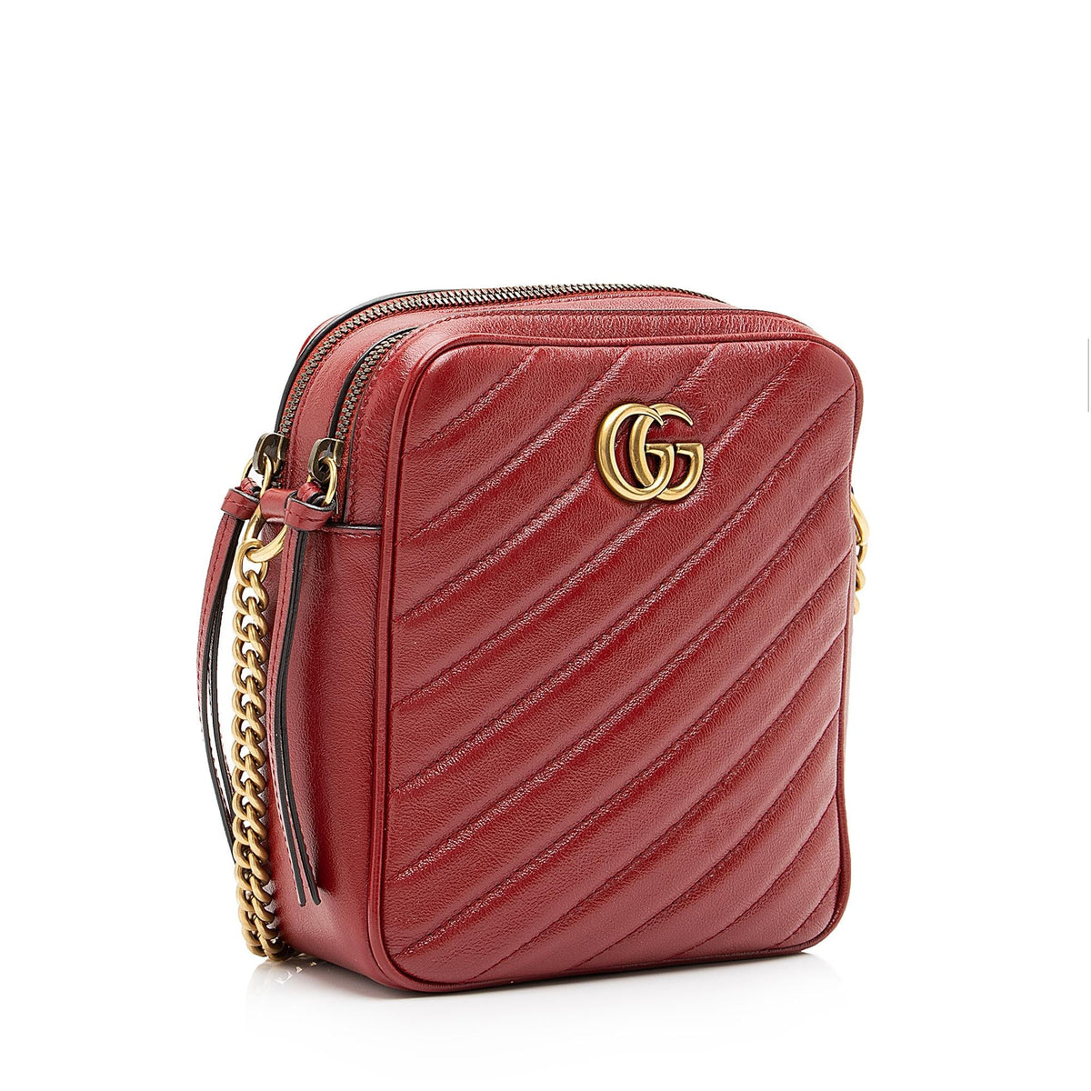 Gucci Diagonal Matelasse Leather GG Marmont Double Zip Mini Camera Bag
