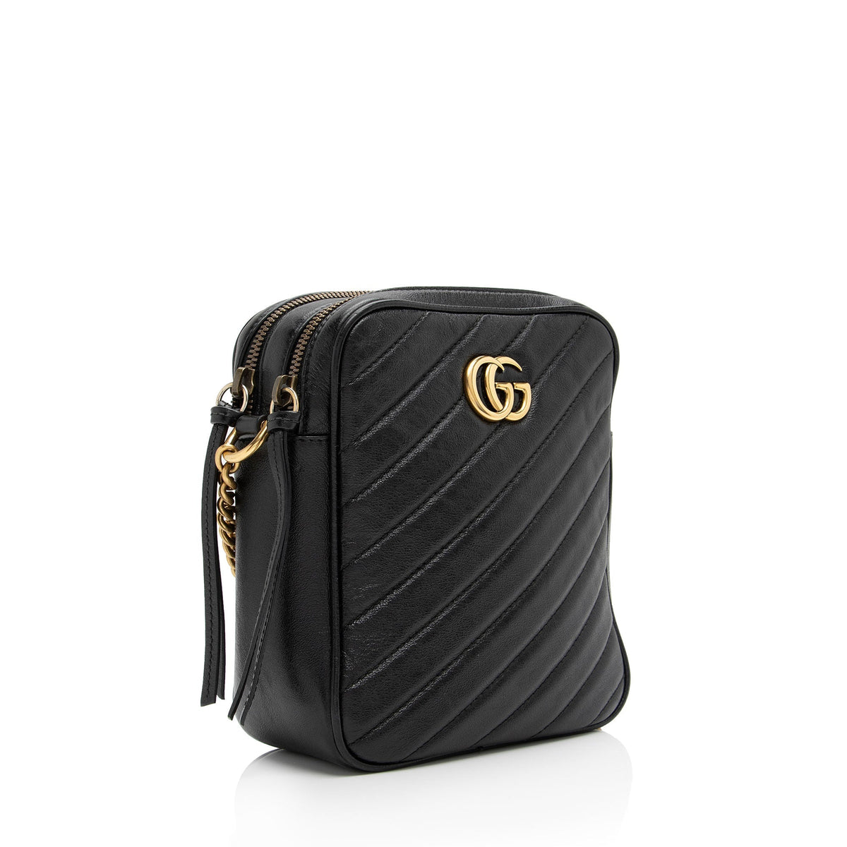Gucci Diagonal Matelasse Leather GG Marmont Double Zip Mini Camera Bag
