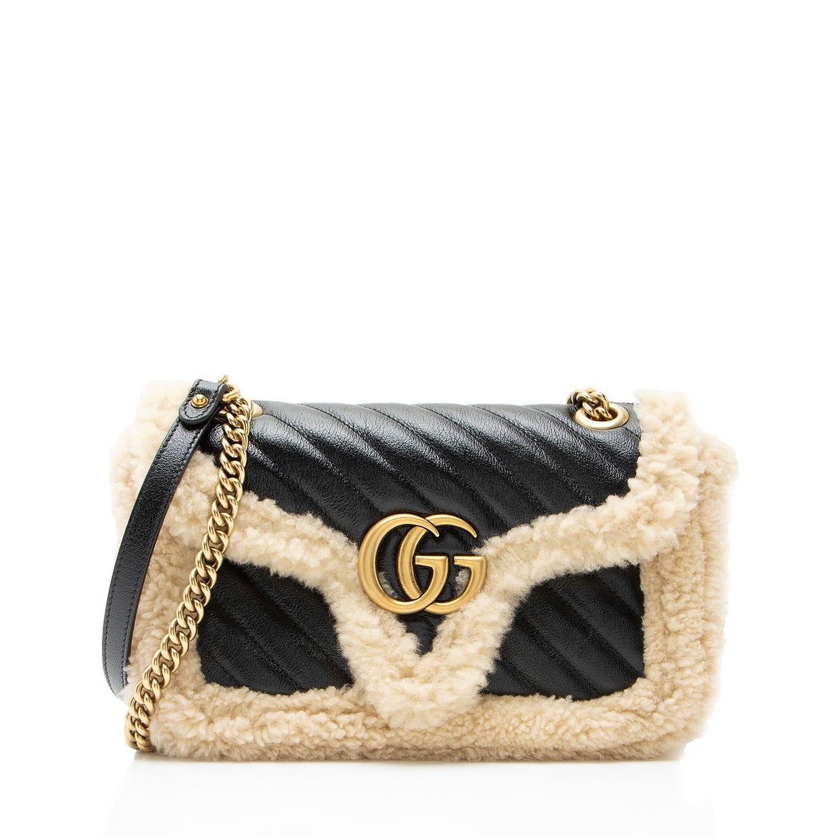 Gucci Diagonal Matelasse Leather Shearling GG Marmont Medium Flap Bag