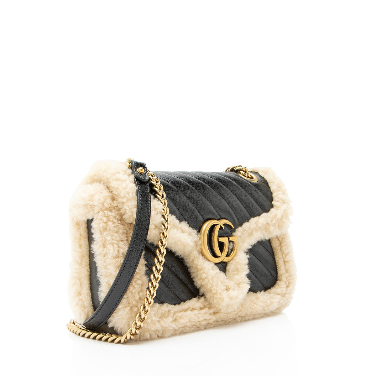 Gucci Diagonal Matelasse Leather Shearling GG Marmont Medium Flap Bag