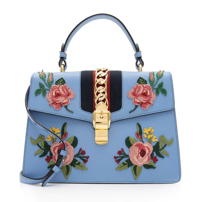 Gucci Embroidered Leather Floral Sylvie Top Handle Bag (SHF-7G6W1J)