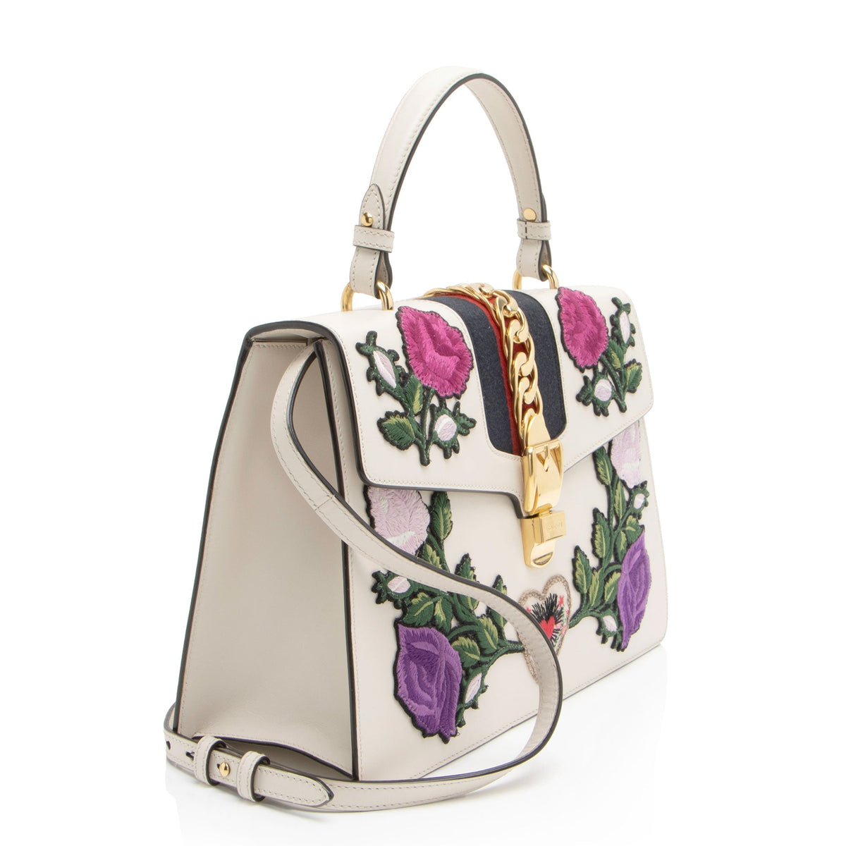 Gucci Embroidered Leather Floral Sylvie Top Handle