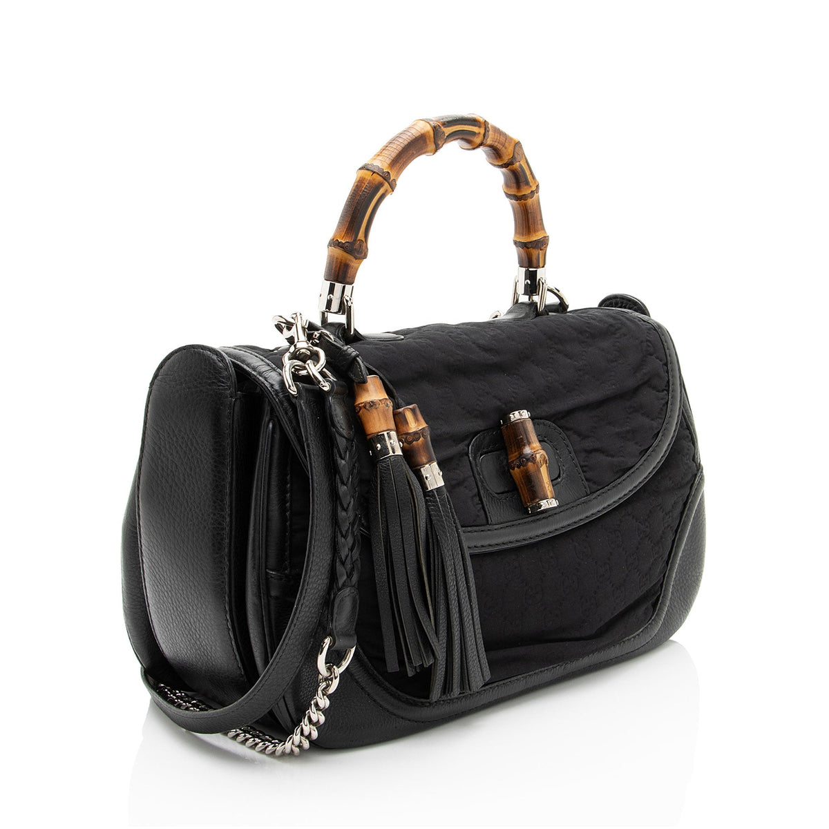 Gucci GG Embossed Neoprene Leather Bamboo Tassel Large Top Handle