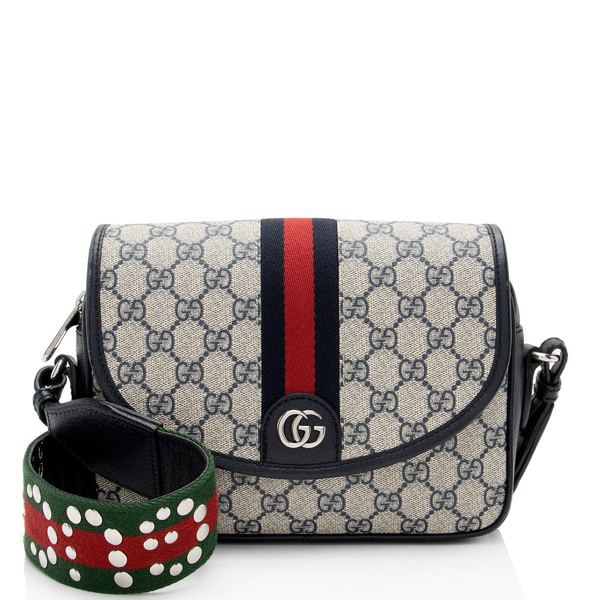 Gucci GG Supreme Ophidia Studded Web Flap Small Messenger (SHF-PTZrcp)