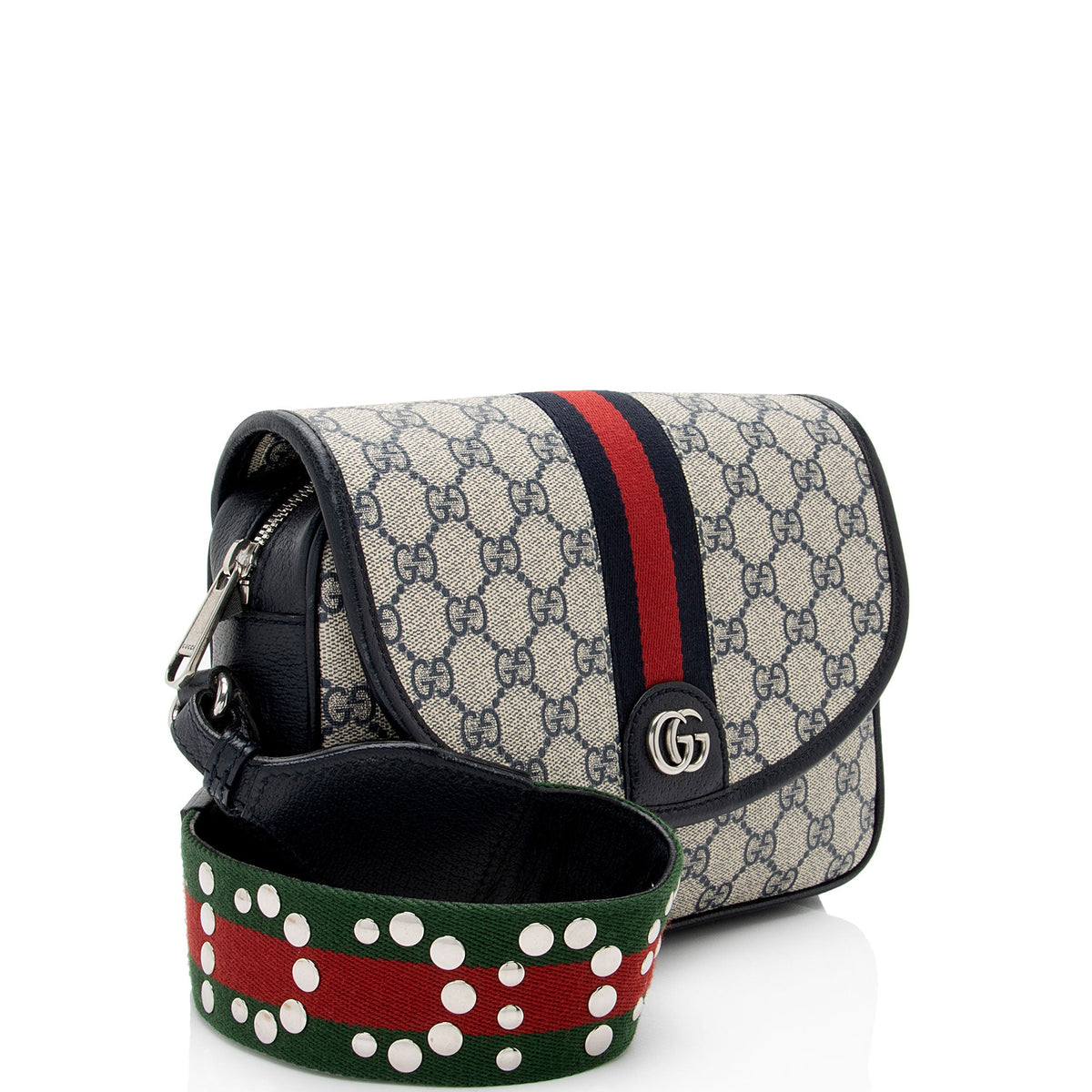 Gucci GG Supreme Ophidia Studded Web Flap Small Messenger (SHF-PTZrcp)