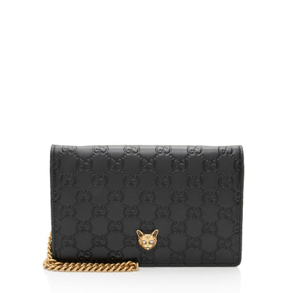 Gucci Guccissima Leather Crystal Cat Wallet on Chain