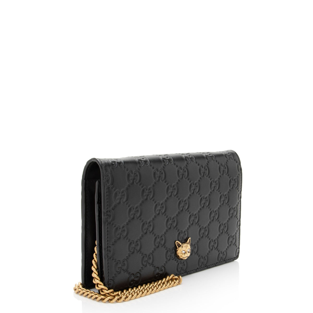 Gucci Guccissima Leather Crystal Cat Wallet on Chain
