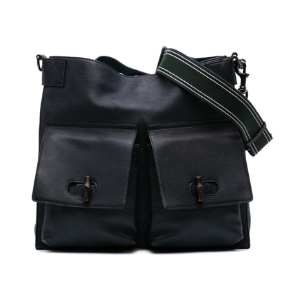 Gucci Large Leather Bamboo Double Pocket Messenger Bag
