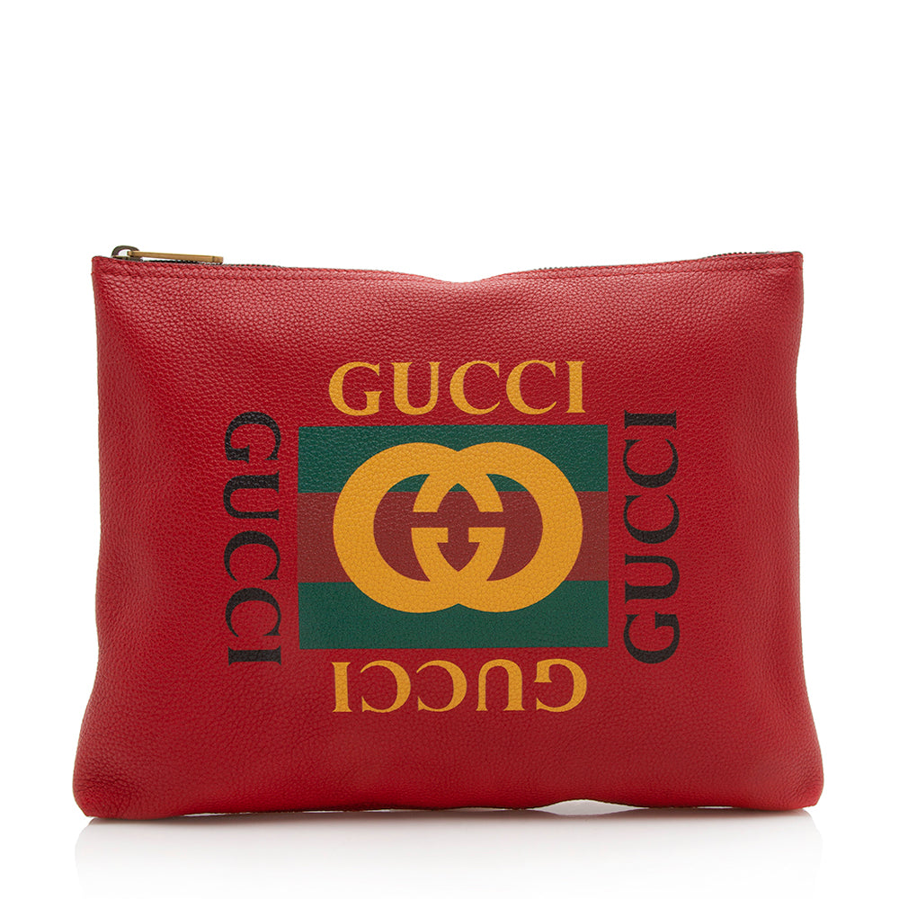 Gucci Pebbled Leather Logo Zip Pouch (SHF-12973)