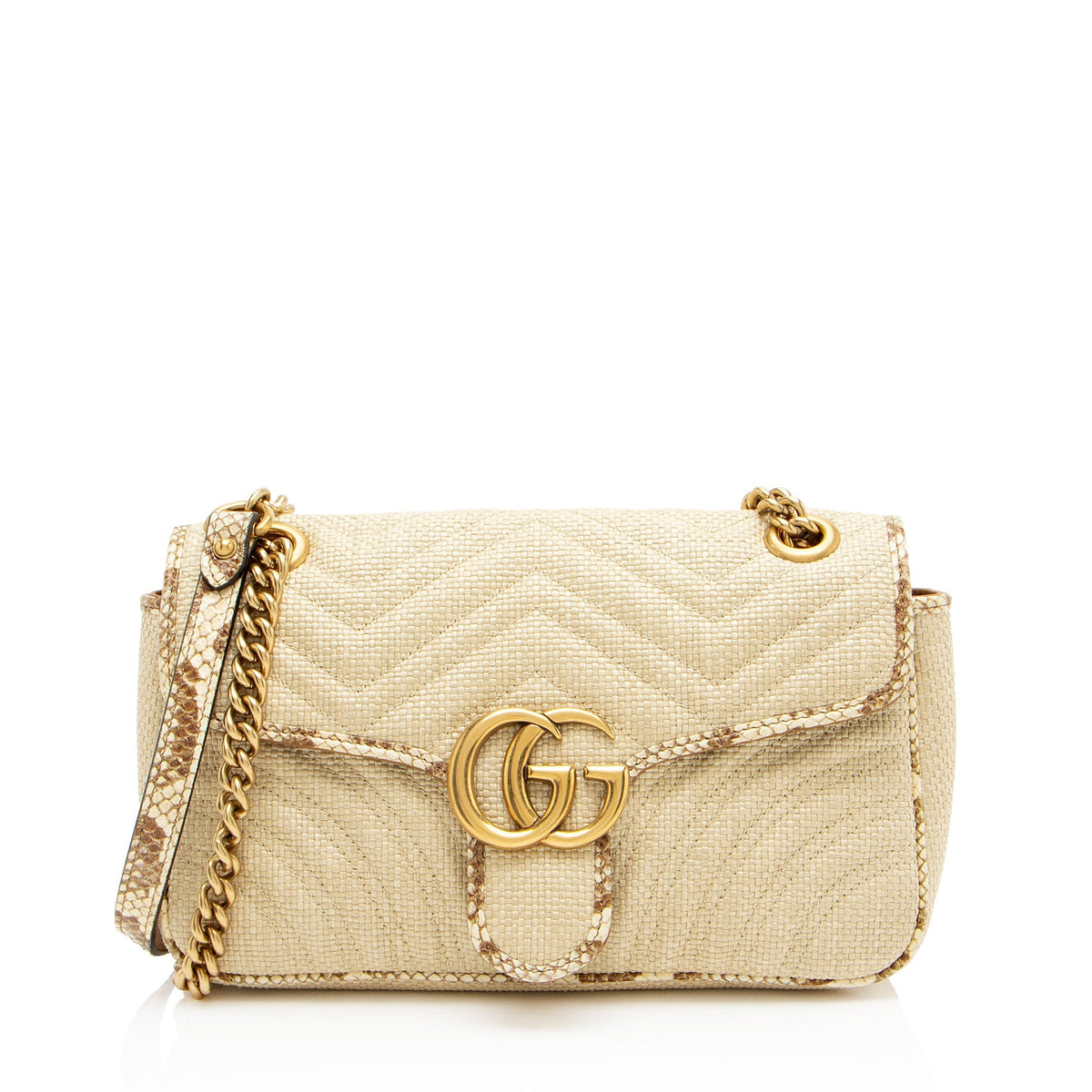 Gucci Raffia Snakeskin GG Marmont Small Flap Bag