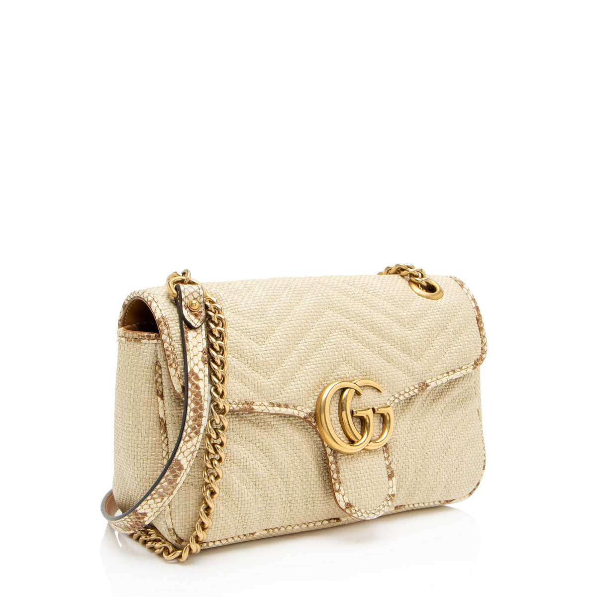 Gucci Raffia Snakeskin GG Marmont Small Flap Bag