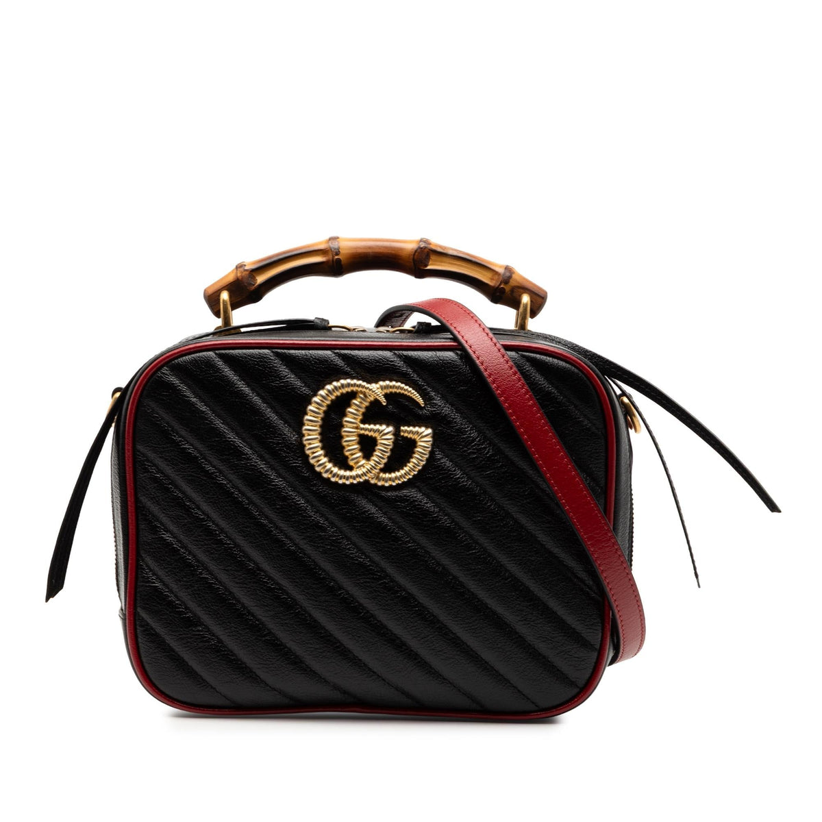 Gucci Small GG Marmont Matelasse Diagonal Leather Torchon Bamboo Satchel
