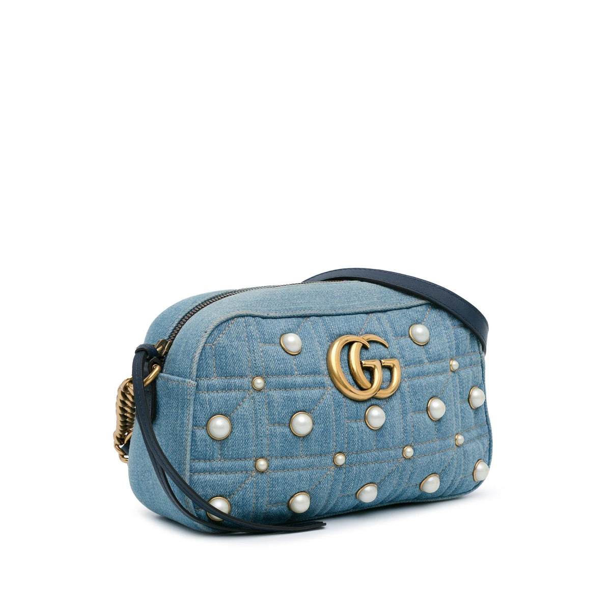 Gucci Small GG Marmont Pearl Studded Denim Crossbody Bag (SHG-phY0r4)