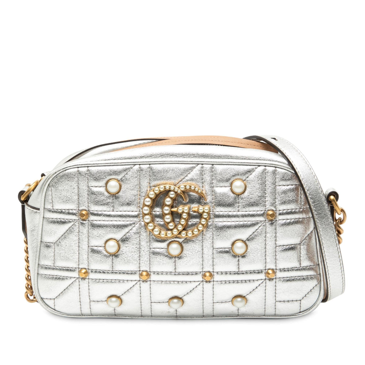 Gucci Small GG Marmont Pearl Studded Matelasse Leather Aria Crossbody