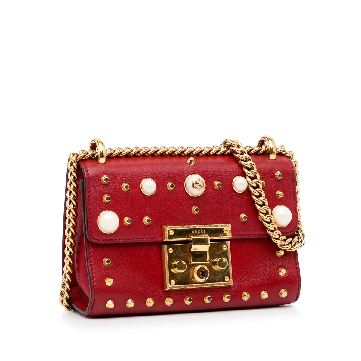 Gucci Small Leather Pearl Studded Padlock Crossbody Bag (SHG-1zn6yH)