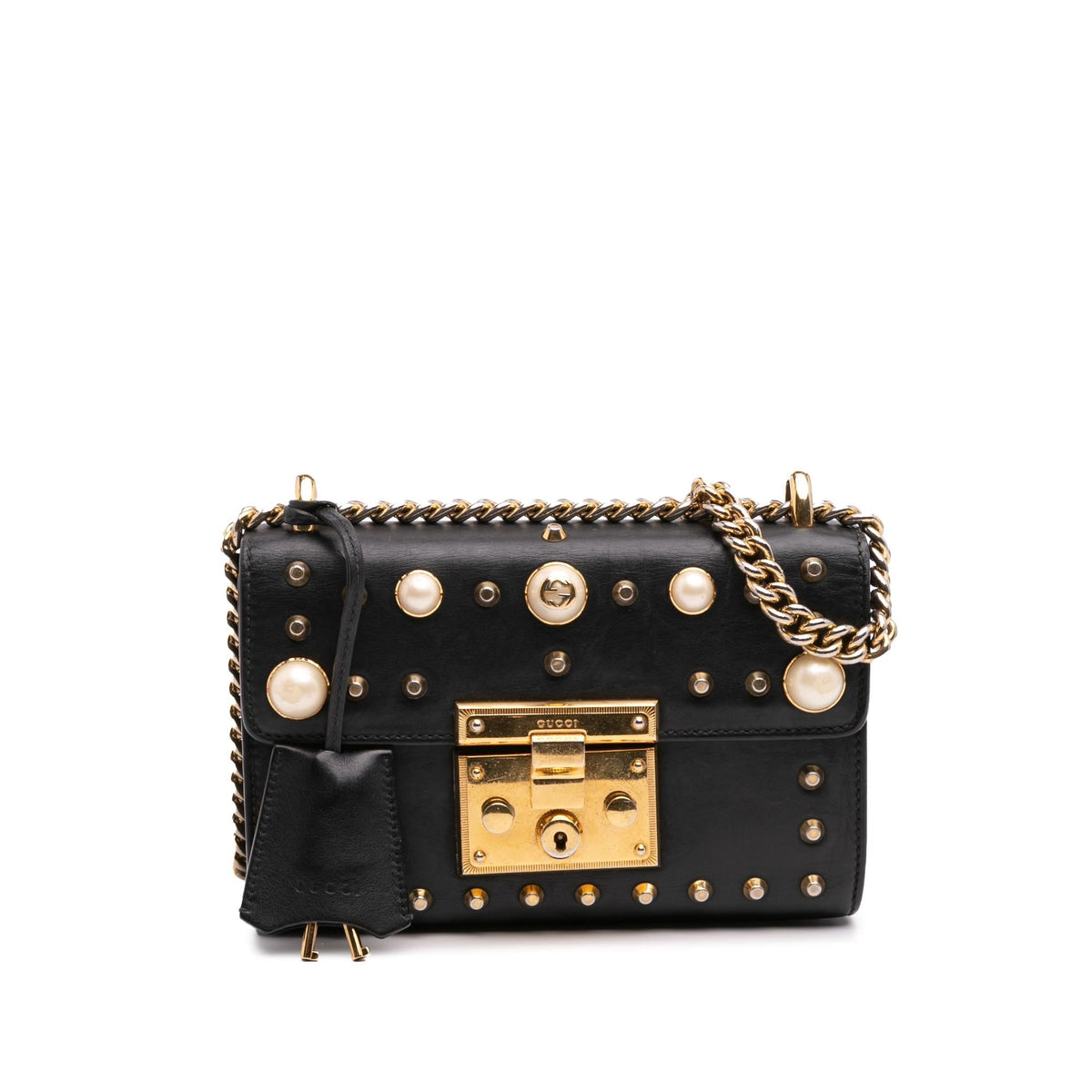 Gucci Small Pearl Studded Leather Padlock Crossbody