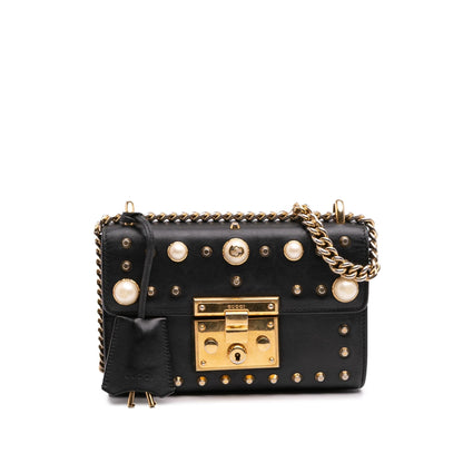Gucci Small Pearl Studded Leather Padlock Crossbody