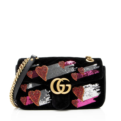 Gucci Velvet Embellished Hearts GG Marmont Medium Flap Bag