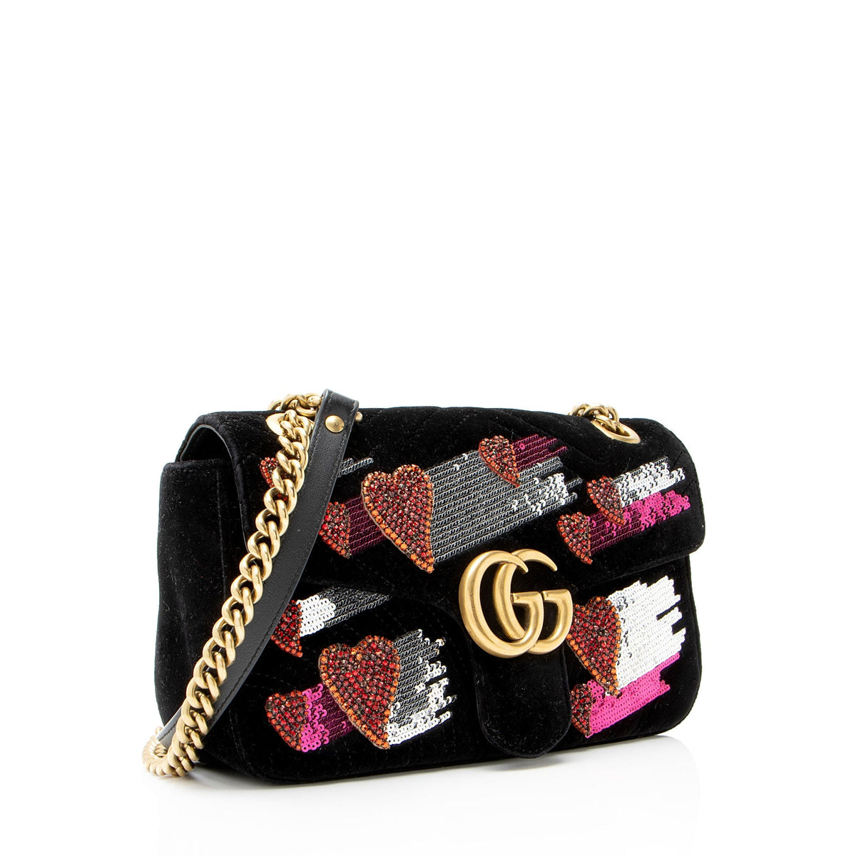 Gucci Velvet Embellished Hearts GG Marmont Medium Flap Bag