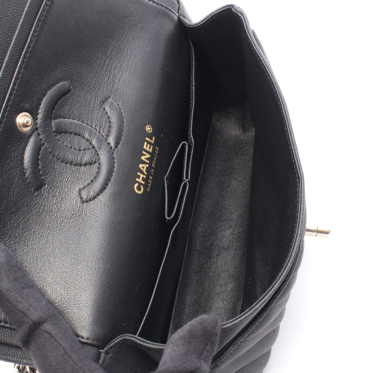CHANEL Black Chevron V-stitch W-flap Grained Calfskin leather A01113 2106800639827
