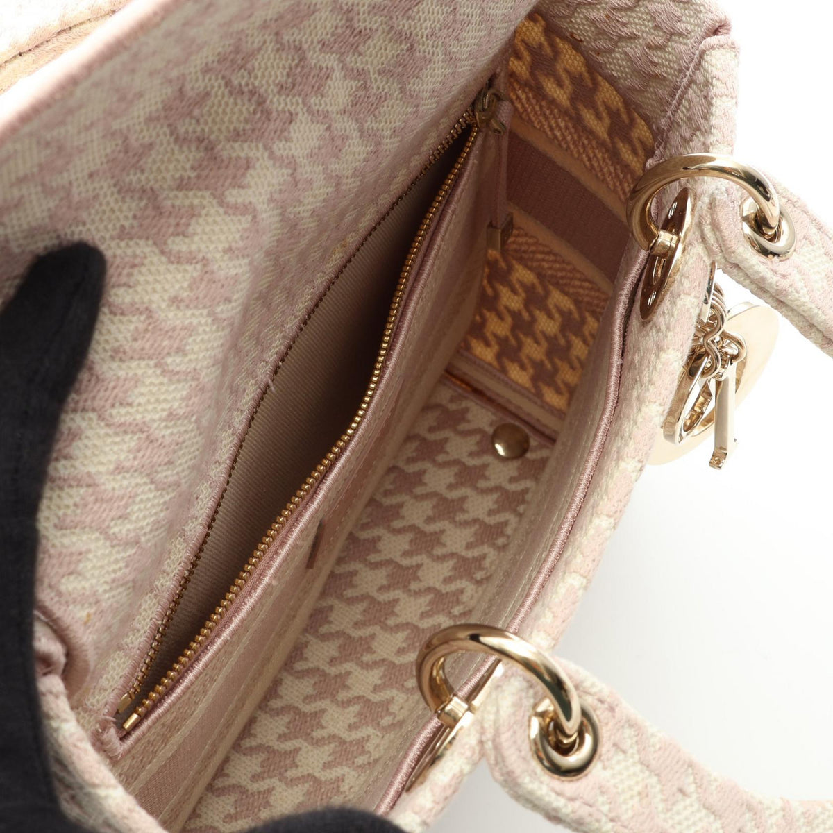 Dior LADY D-LITE Medium Houndstooth 2-Way Bag Handbag Pink/Beige canvas M0565OZAF 2120900132903