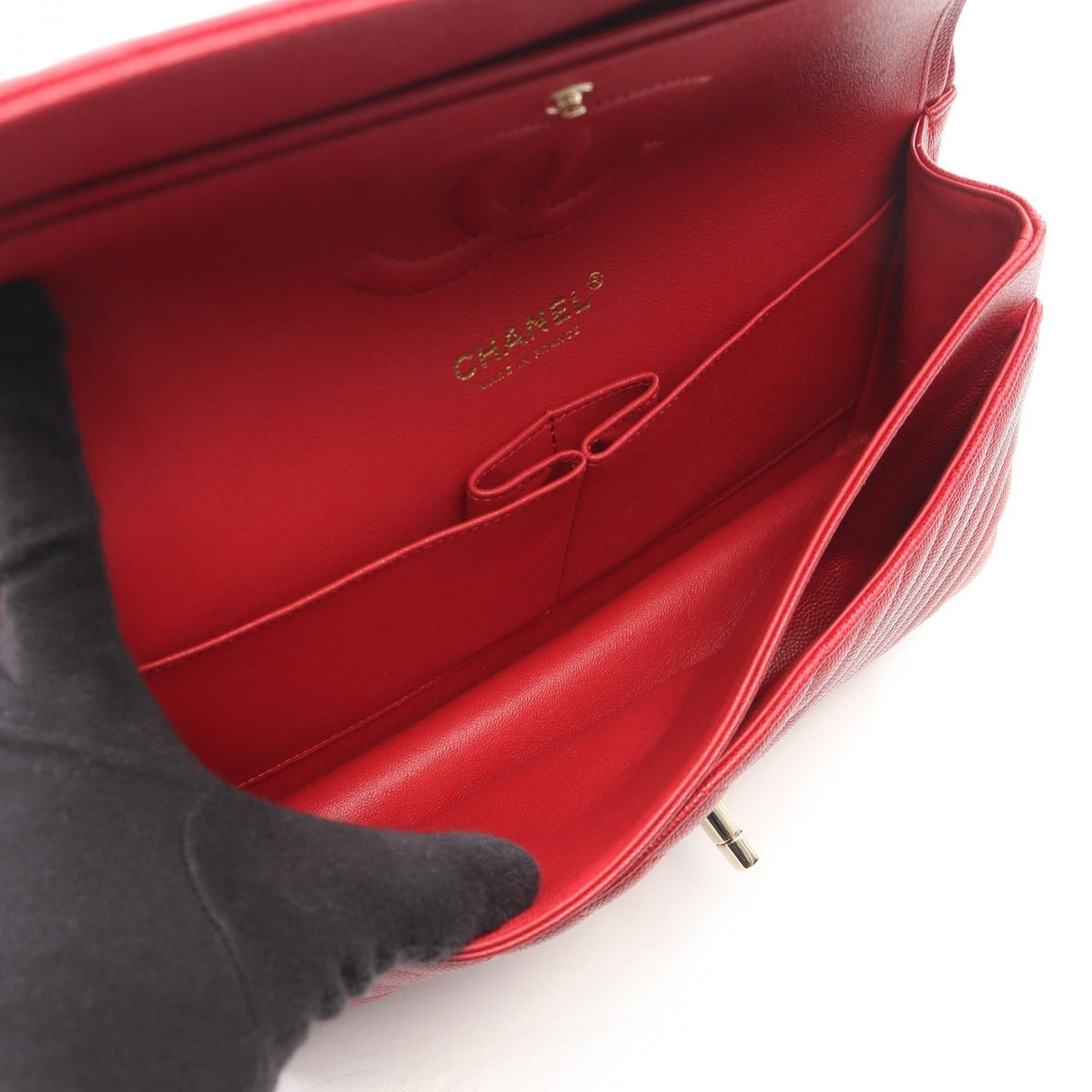 CHANEL Red Chevron V-stitch W-flap Grained Calfskin leather 2101220073732
