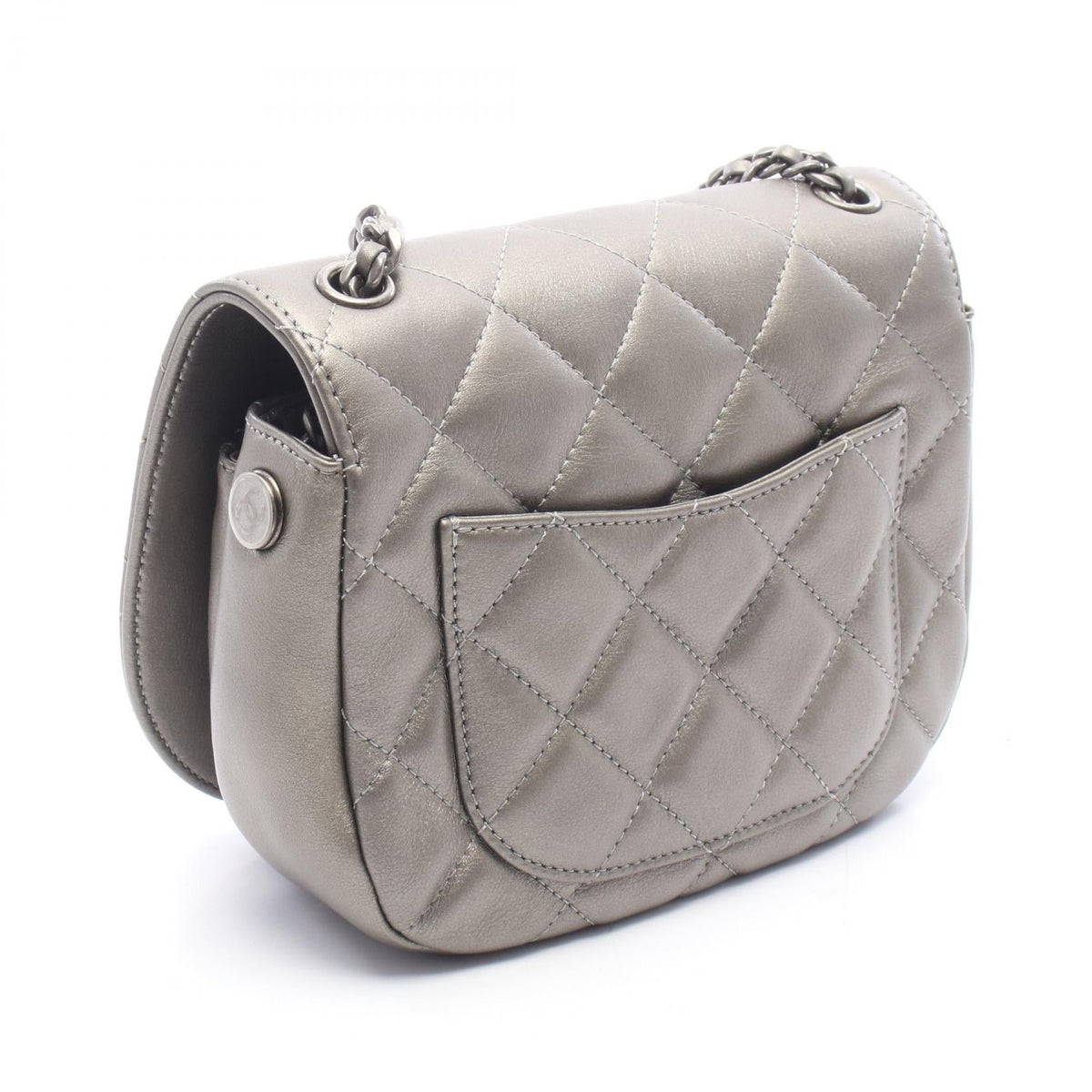 CHANEL Gray Matelasse Round Flap Small Metallic Lambskin (sheep leather) 2104102529426