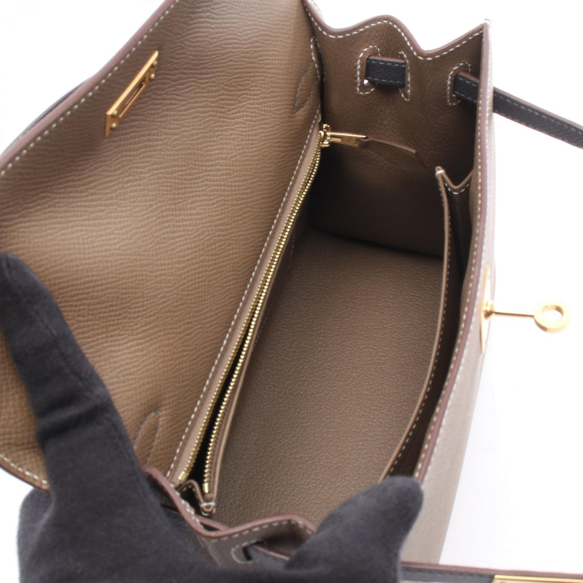 HERMES Kelly 25 Tricolor 2WAY HandbagEtoupe Grey Etoupe Grey Gray/Black Epsom leather Calfskin (cowhide) Epsom 2106800639049