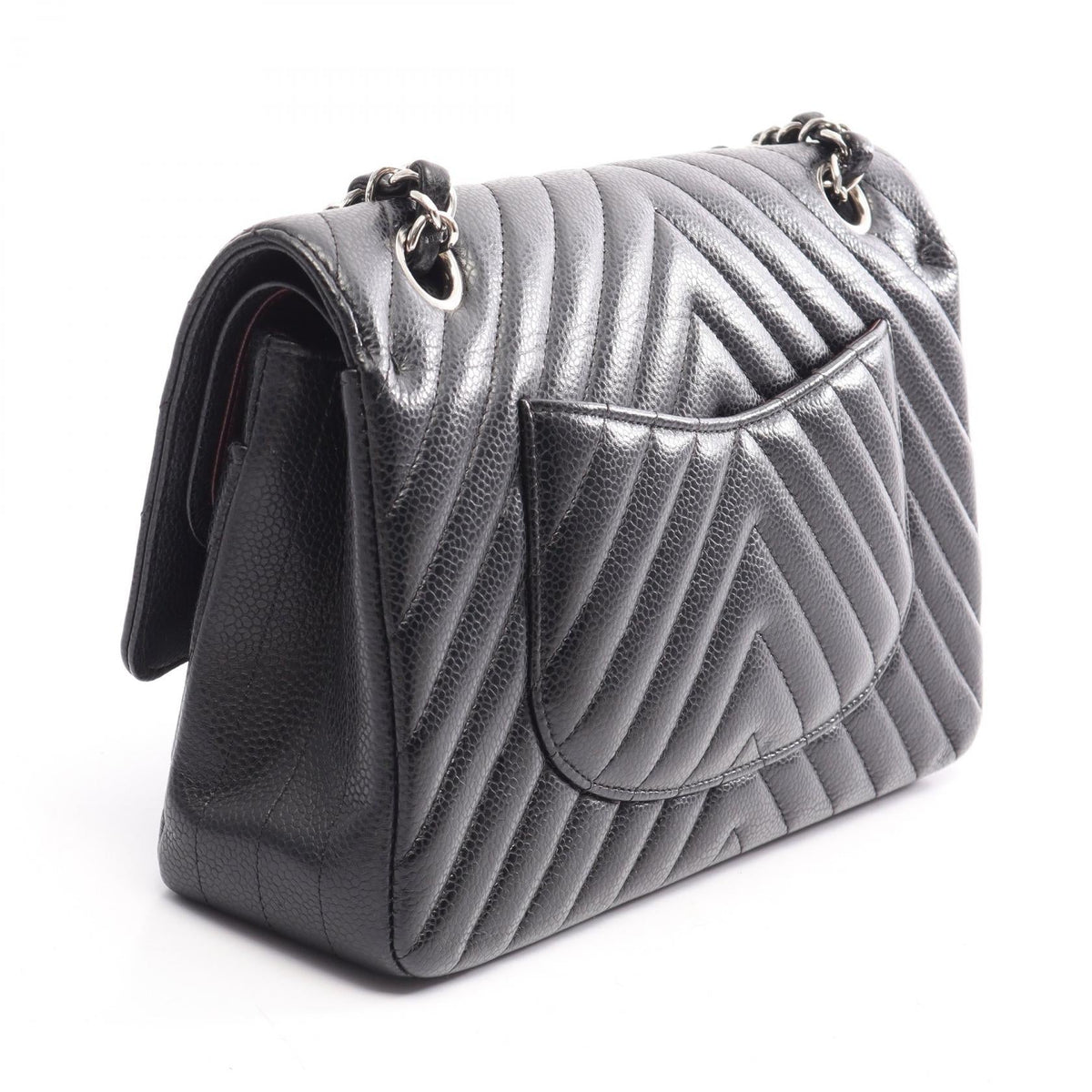 CHANEL Black Chevron V-stitch W-flap Grained Calfskin leather A01166 2106800638523
