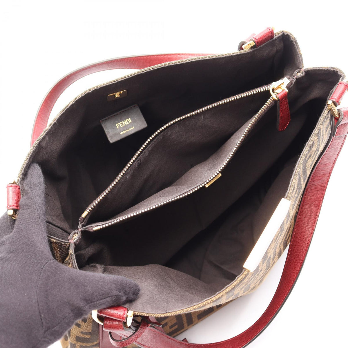 FENDI Zucca Tote Bag Brown/Bordeaux canvas�leather 8BR717 Z23 2101220043124