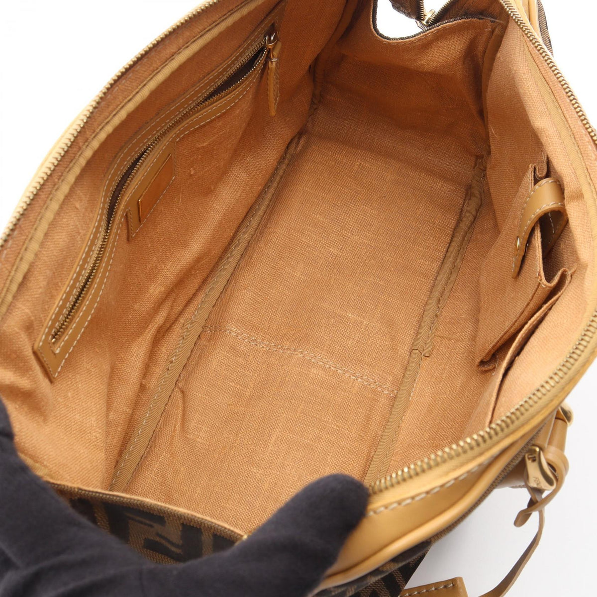FENDI Zucca Handbag Beige/Black canvas leather 2101220043179