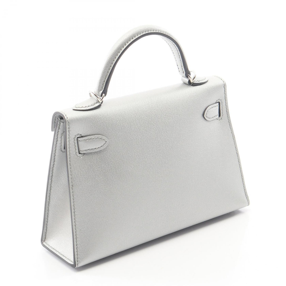 HERMES Mini Kelly 2 (External Stitching, 2-Way) Handbag Silver Argent leather Chevre Shamquila 2101220039639