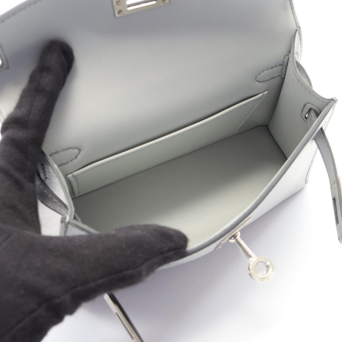 HERMES Mini Kelly 2 (External Stitching, 2-Way) Handbag Silver Argent leather Chevre Shamquila 2101220039639