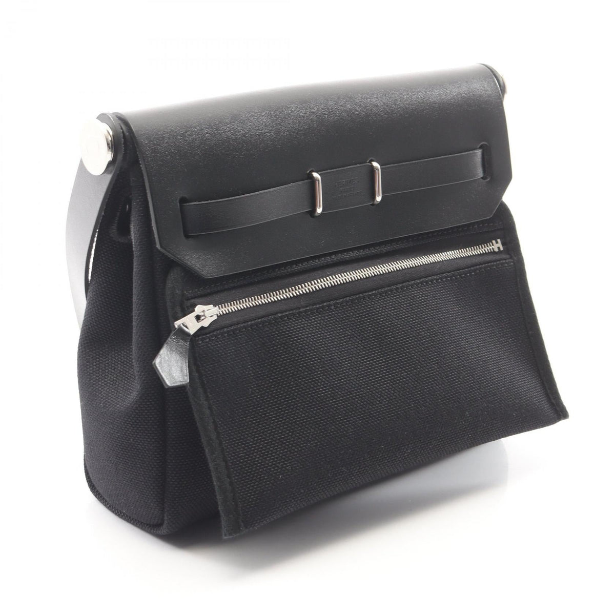 HERMES Airbag Zip Mini Shoulder Bag Black Towar Military canvas leather Vache leather hunter 2101220039646