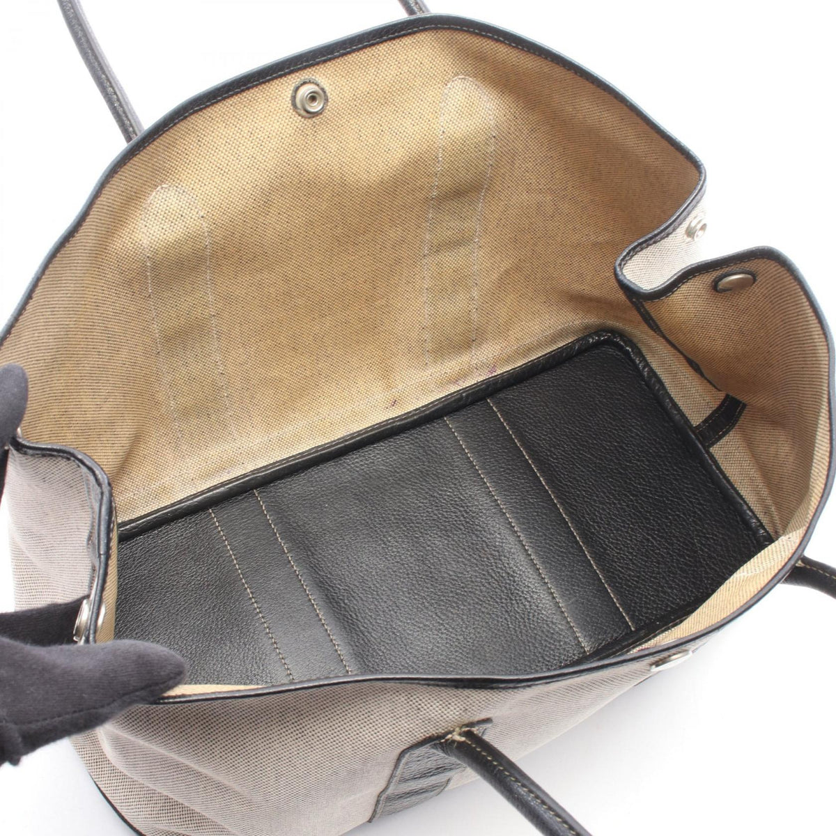 HERMES Garden party PM Tote Bag Gray/Black Toile H canvas leather Buffalo leather 2101220021085