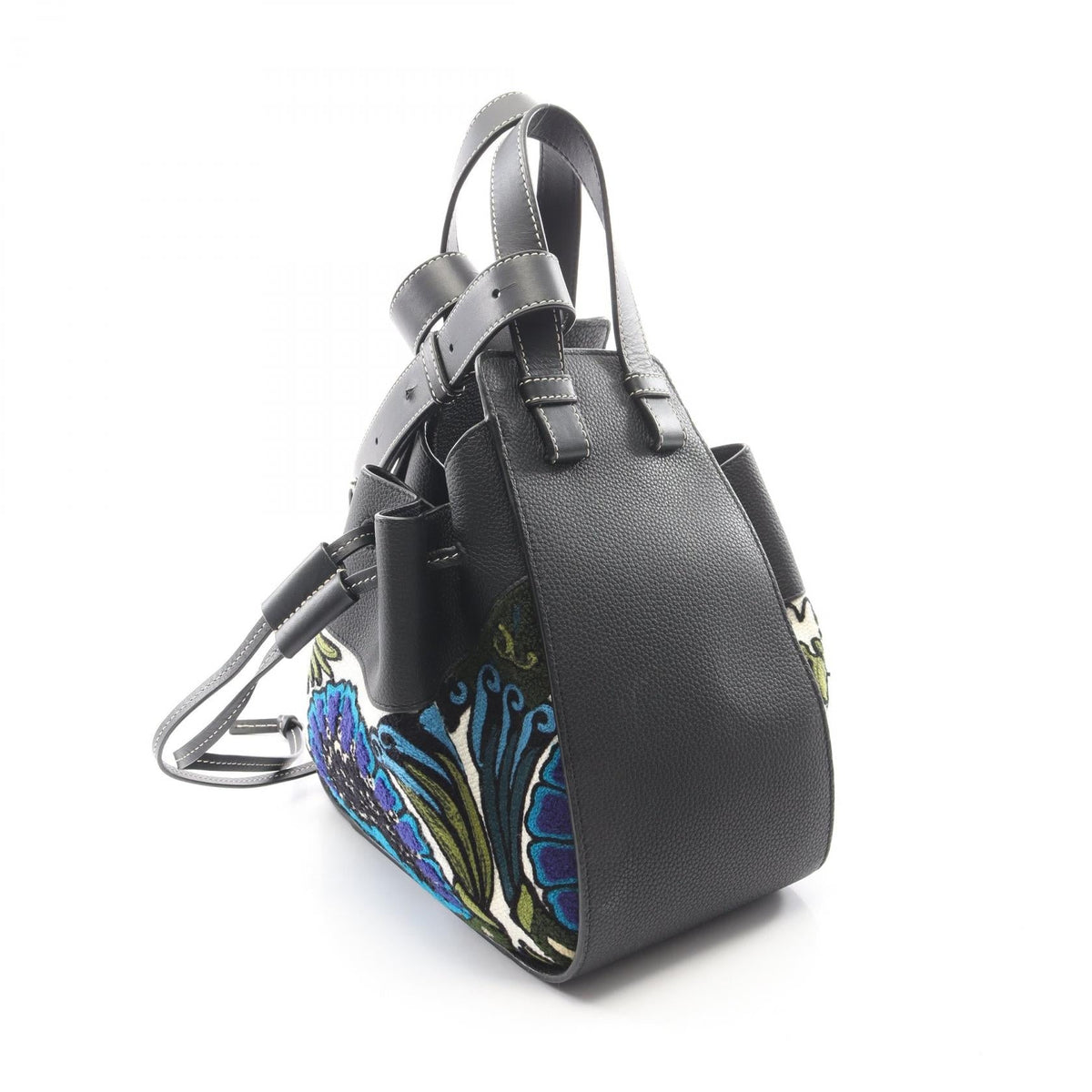 LOEWE Hammock Drawstring Bag, Small, Embroidered, 2-Way Handbag Black/Multicolor leather canvas 2101220018696