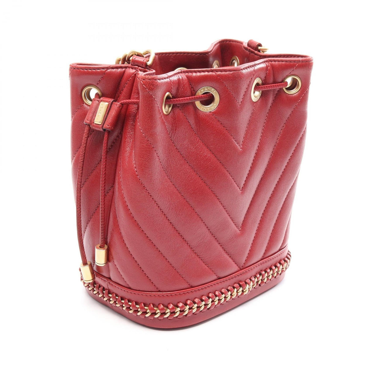 CHANEL Red Chevron V-stitch drawstring bucket bag leather 2104102523660