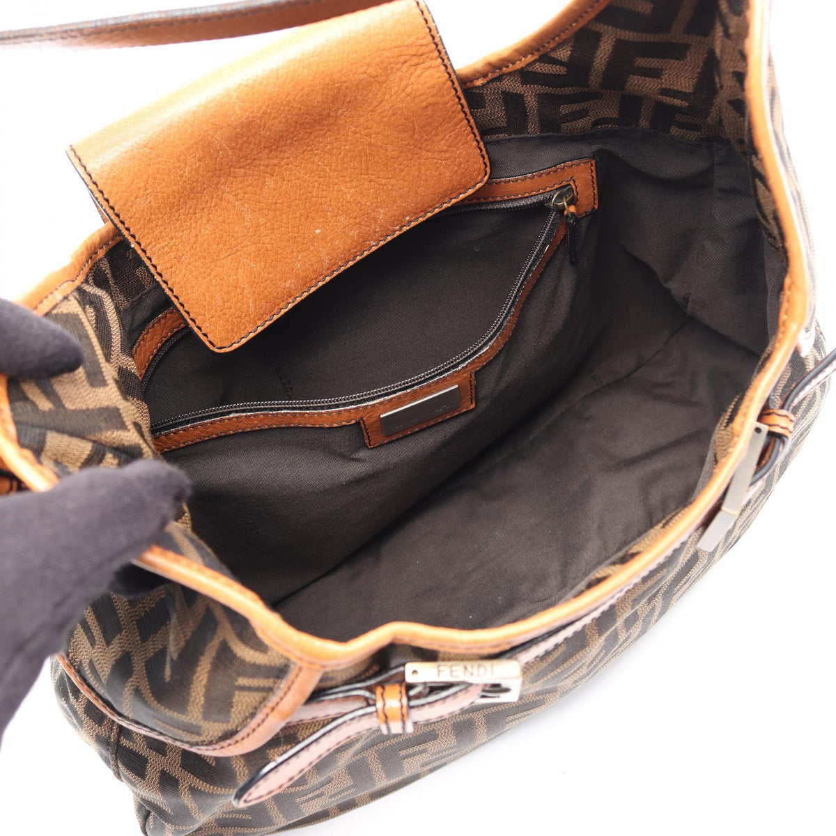 FENDI Zucca Shoulder Bag Black/Brown canvas leather 2101220013370