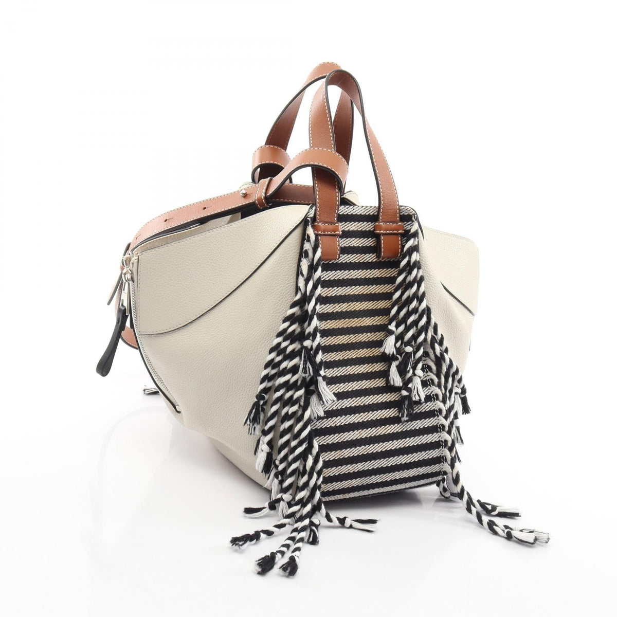 LOEWE HAMMOCK SMALL Fringe Border 2-Way Handbag White/Black/Brown leather canvas 2101220005139