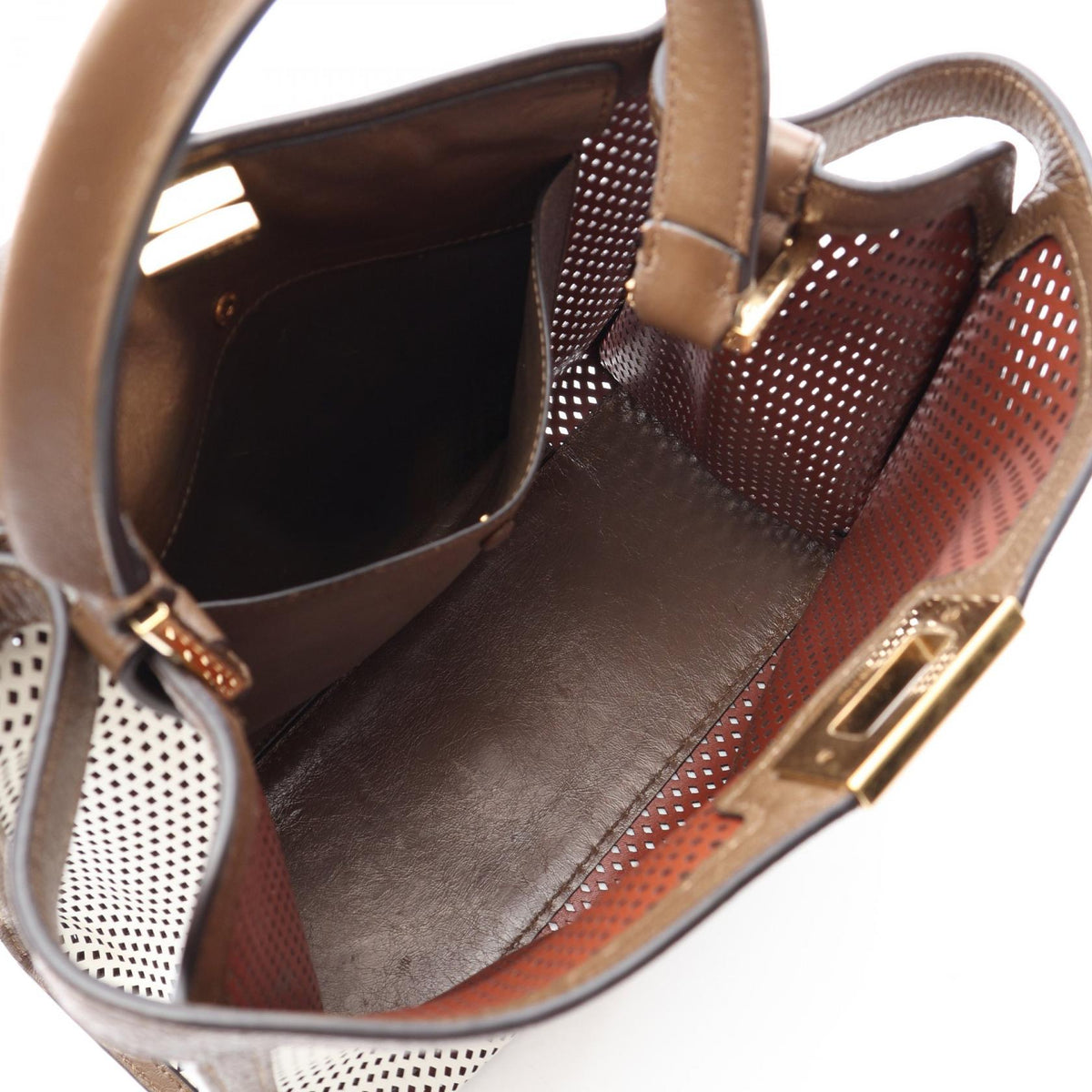 FENDI Peekaboo X-Lite Medium Perforated Handbag White/Brown leather 8BN310 2101220002688