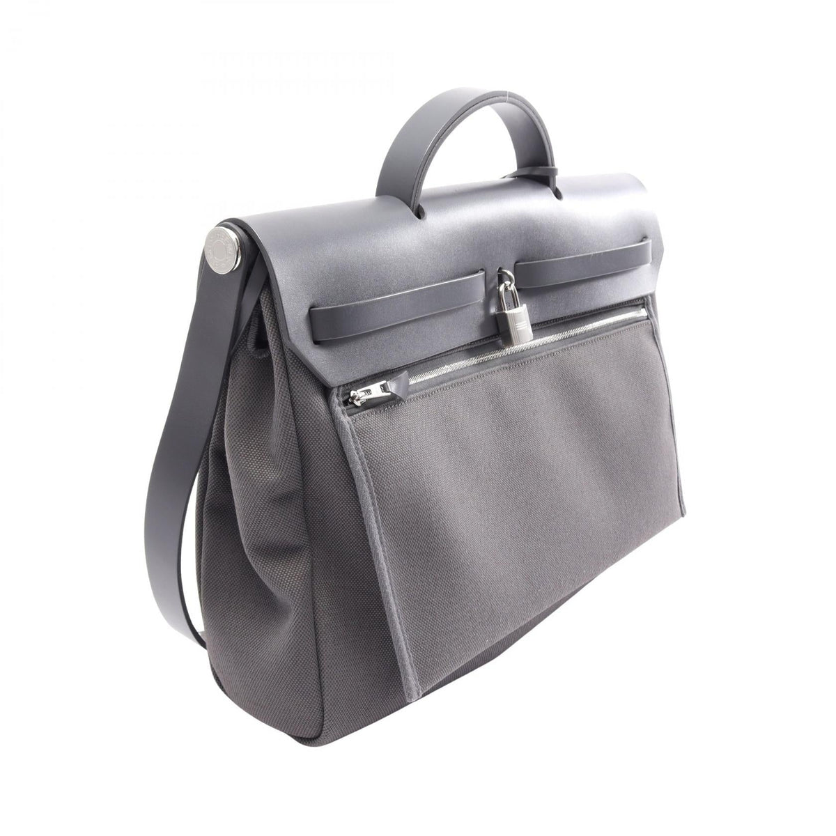 HERMES Herbag Zip Messenger 39 2WAY Handbag Gray Vache leather hunter leather canvas Towar Military 2101219996424